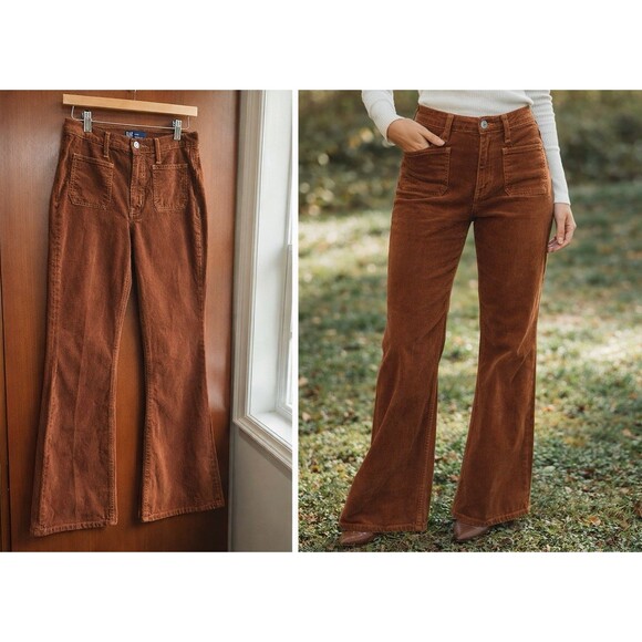 Pants - GAP Corduroy Flare Pants Brown 70s Style High Rise Size 27 Womens Retro Wide Leg